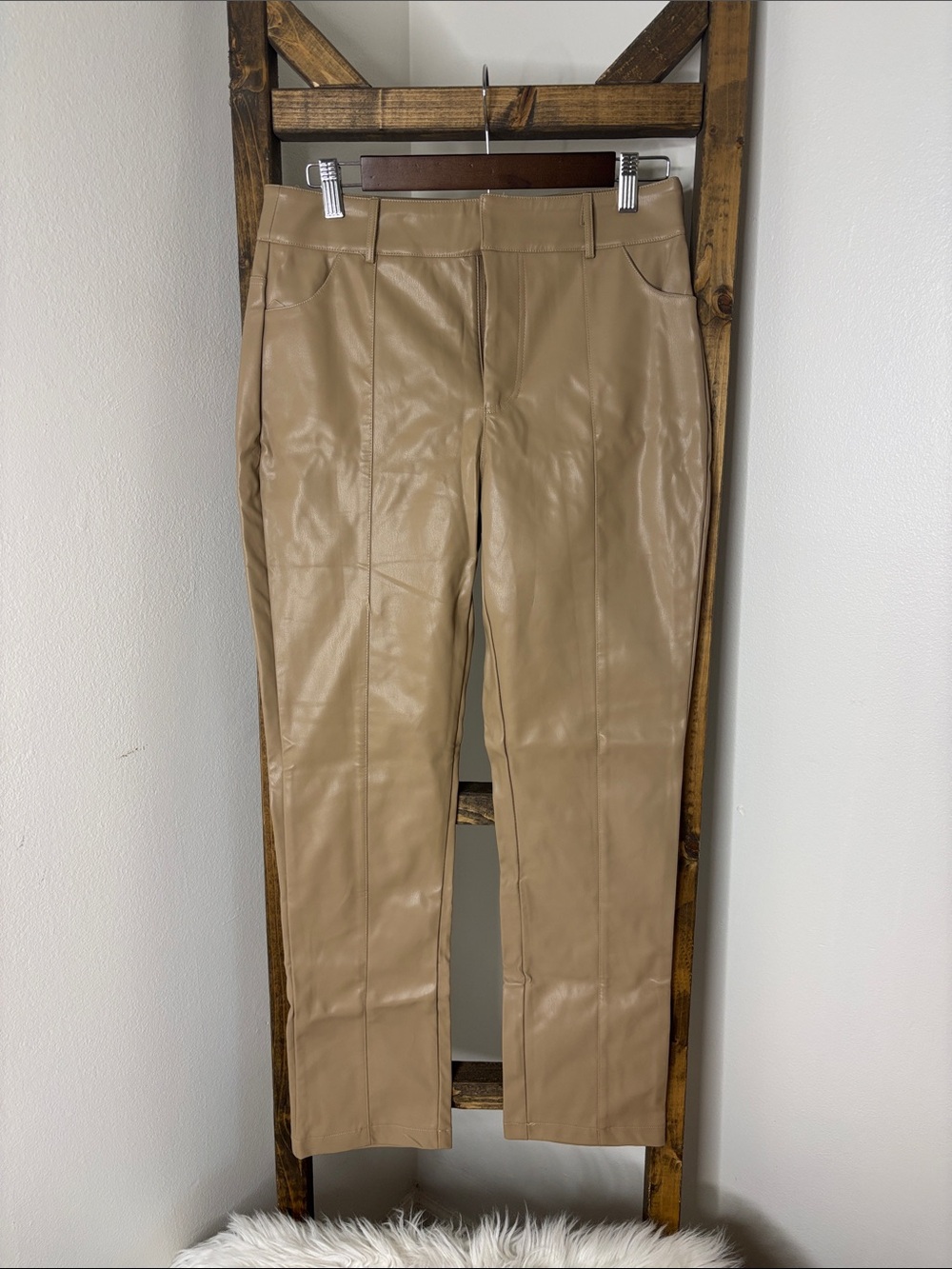 Fashion on Earth Women's Tan Faux Leather Pants Sleek Pull-On Style Size M